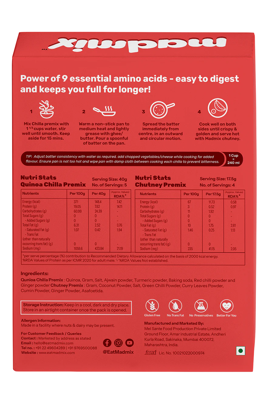 Chilla Premix | Instant – Protein Punch Quinoa – Per Piece 61 Kcal – Gluten Free, No Trans Fat, No MSG & No Added Preservatives – Per Pack 12 Chillas – madmix – 270gm