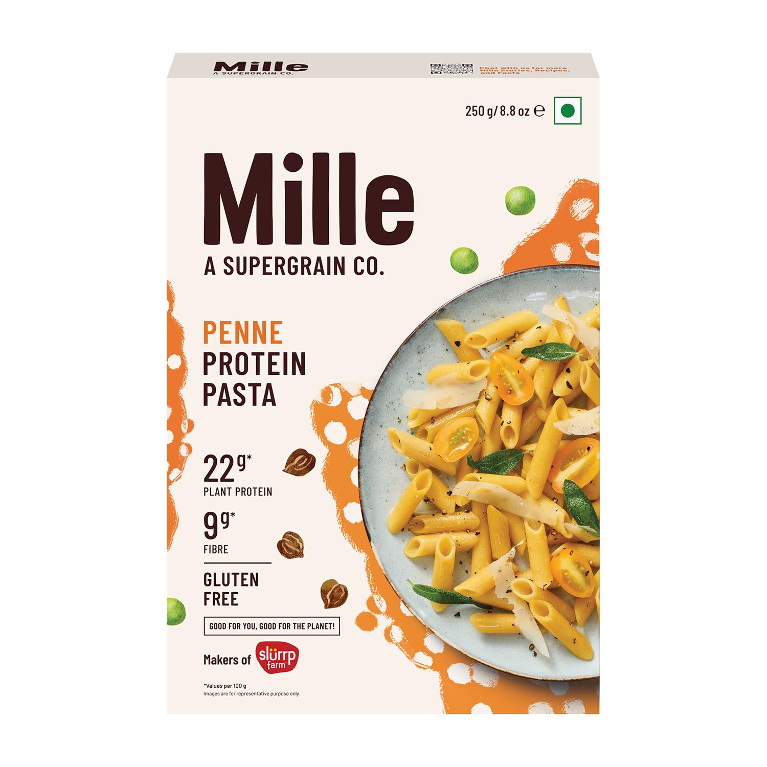Pasta | Protein (Penne) – 22g Plant Protein – Naturally Gluten Free, No Artificial Flavour, Colours & No Added Preservatives – Mille’ – 250gm