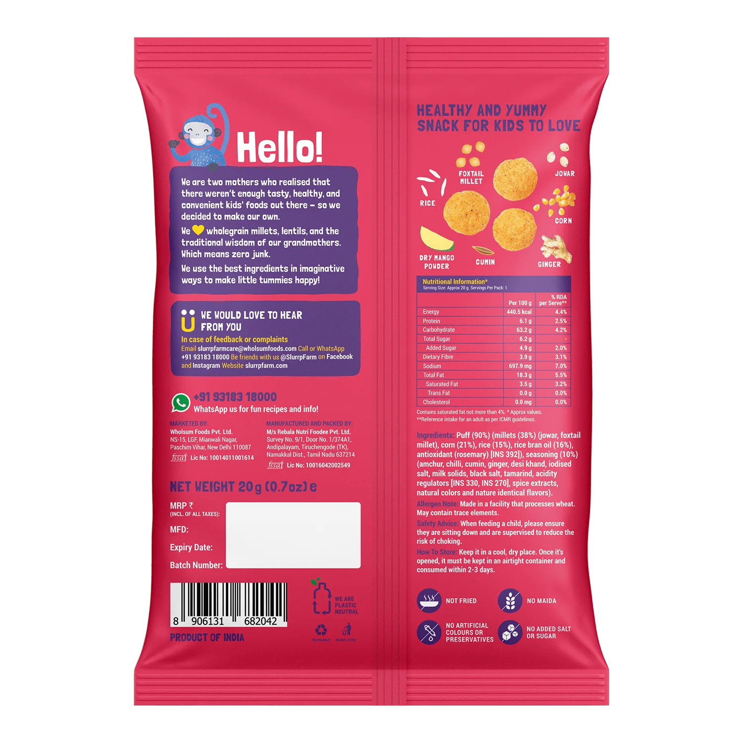 Puffs | Mighty (Mild Masala) - Baked Not Fried - No Maida & Preservatives Free - Slurrp Farm - 20gm