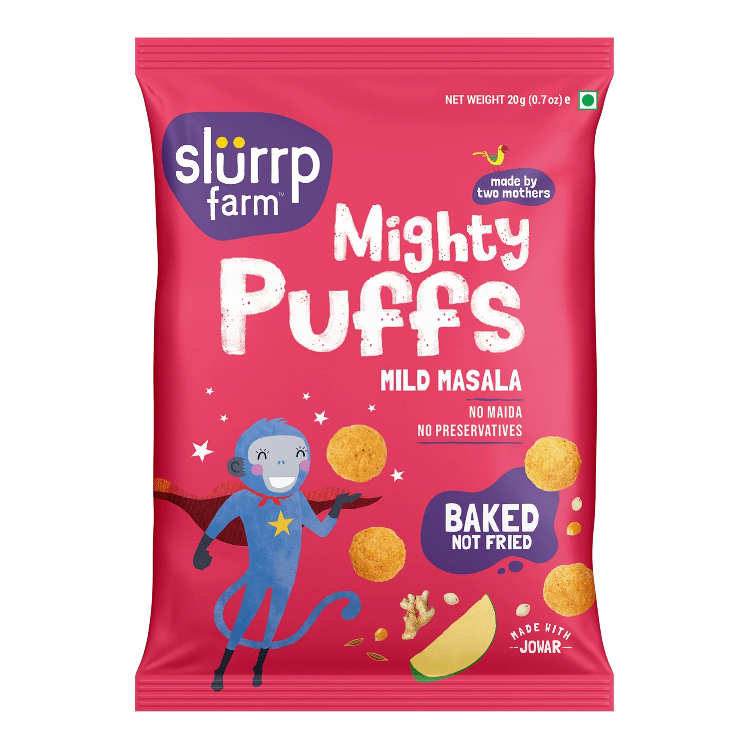 Puffs | Mighty (Mild Masala) - Baked Not Fried - No Maida & Preservatives Free - Slurrp Farm - 20gm