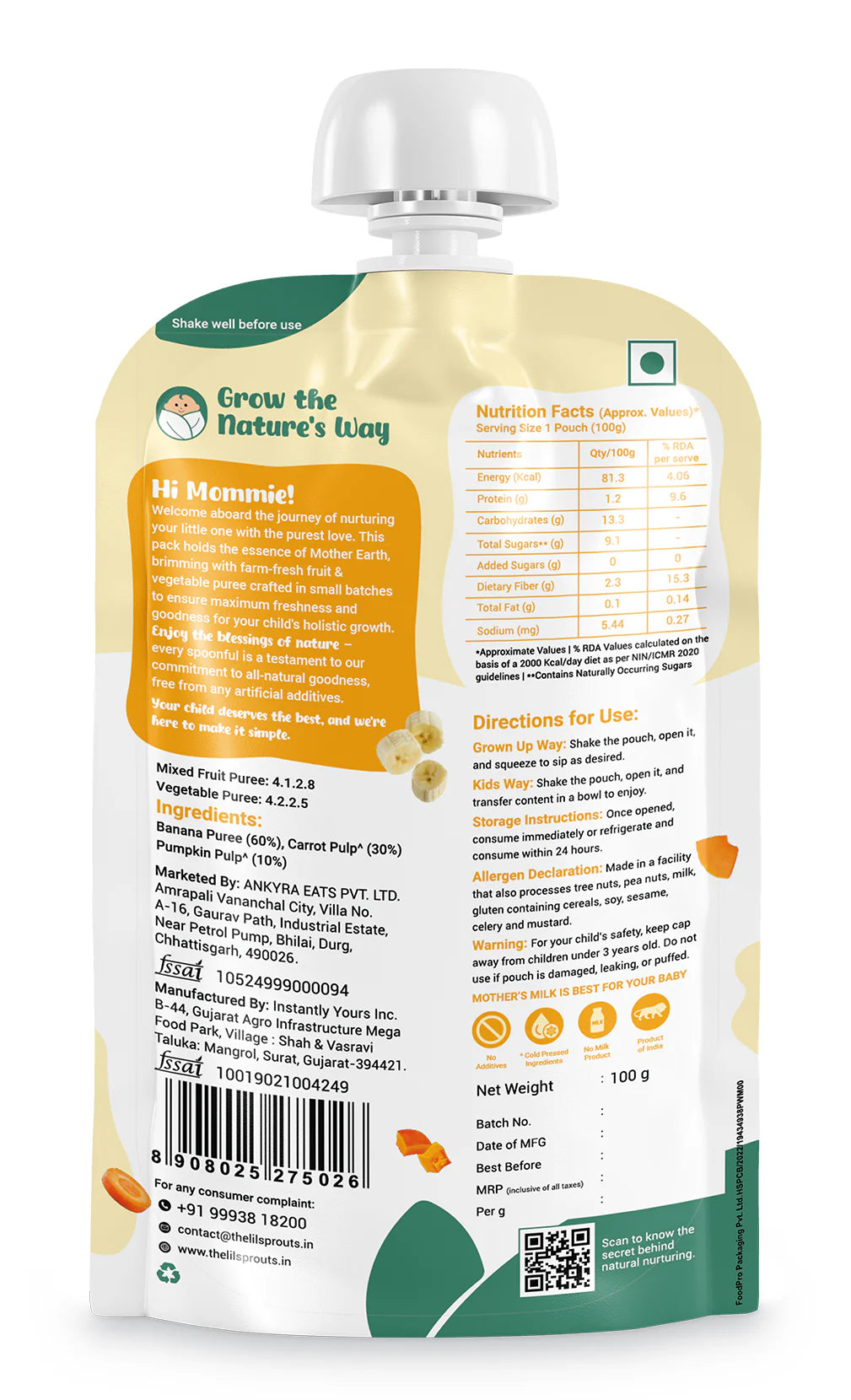 Puree | Pumpkin, Carrot, and Banana Puree - Sweet & Savory Flavors - 100% Natural - Cold Pressed Ingredients - No Added Sugar, Salt, Flavours, Colours & No Artificial Ingredients - Lil Sprouts - 100gm