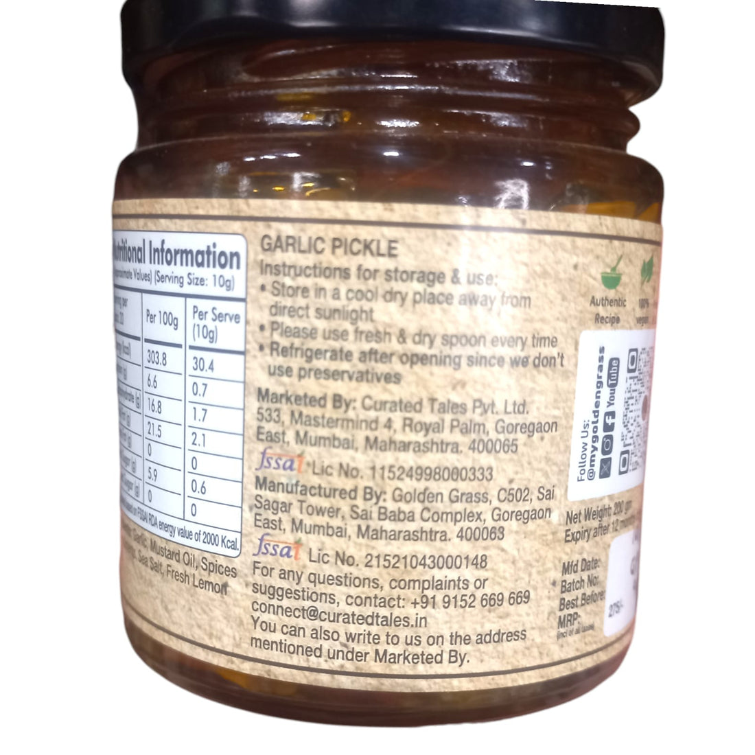 Pickle | Punjabi Mango Pickle - 100% Natural - Vegan, No Added Colour & No Added Preservatives - Golden Grass - 200gm