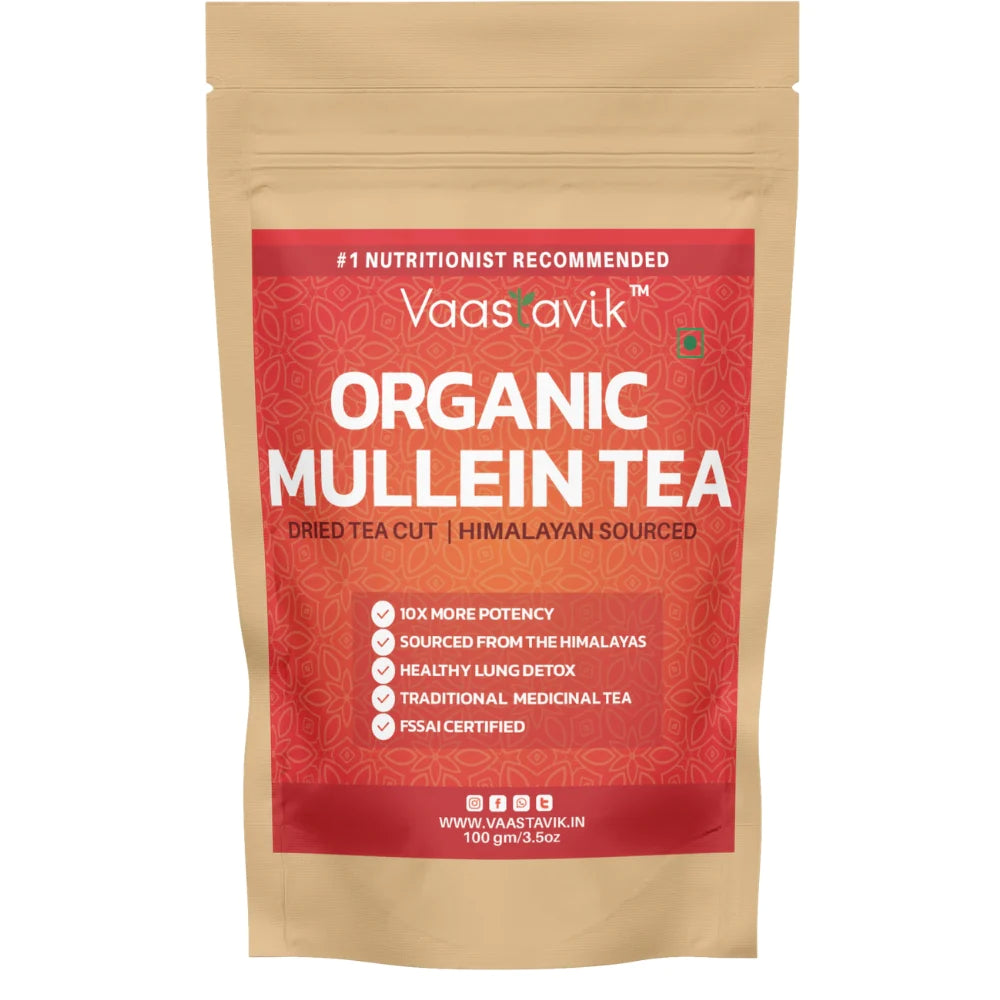 Tea | Pure Mullein – Dried Tea Cut - Himalayan Sourced – Traditional Medicinal Tea – Organic – Healthy Lung Detox, Caffeine Free & No Added Sugar – Vaastavik – 100gm