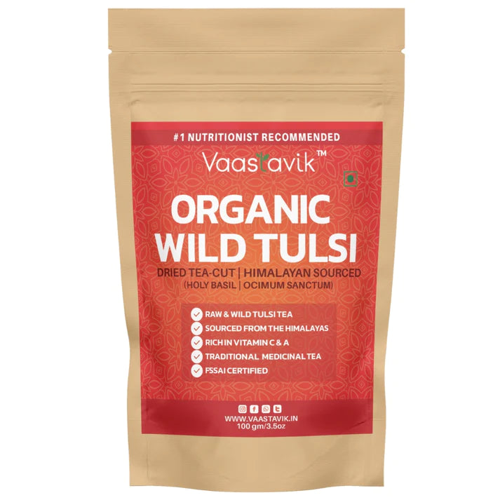 Tea | Wild Tulsi Tea (Ocimum sanctum) - Dried Cut Herb – Himalayan Sourced – Traditional Medicinal Tea - Organic - High In Vitamin C And A, Caffeine Free & No Added Sugar – Vaastavik – 100gm