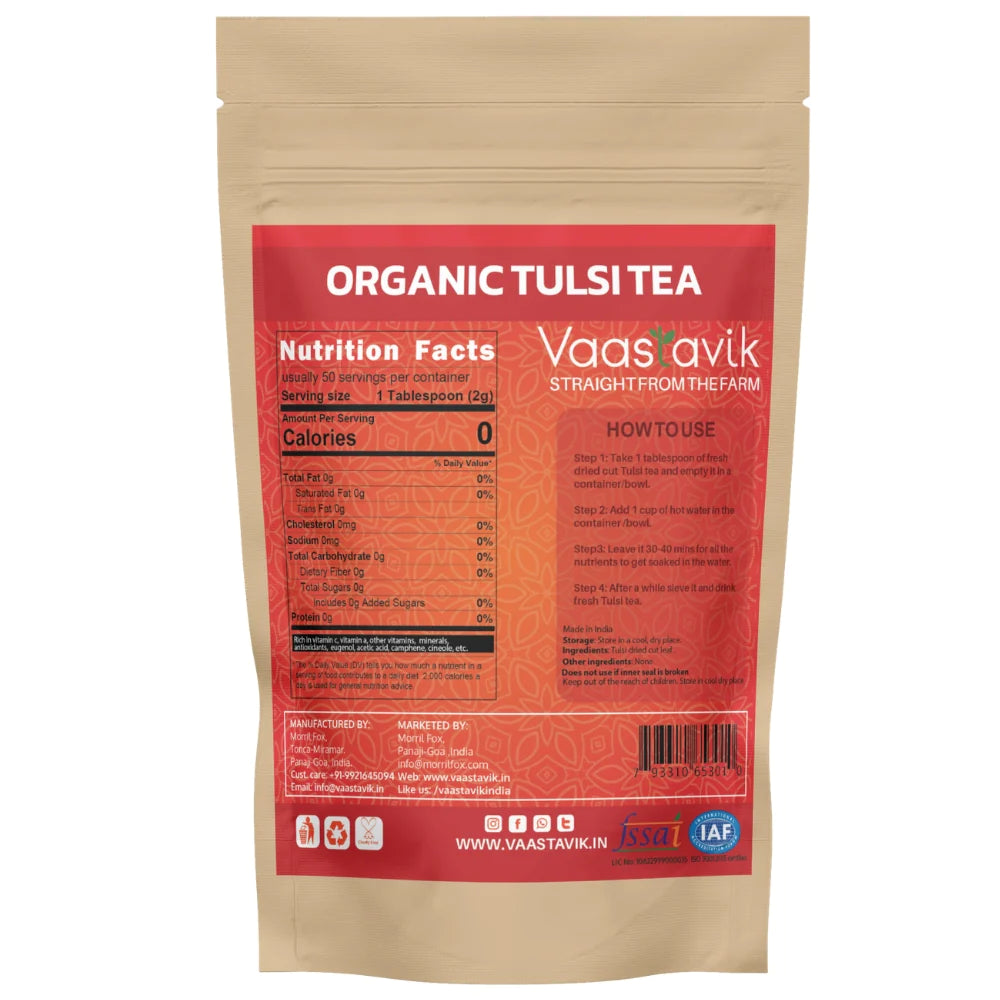 Tea | Wild Tulsi Tea (Ocimum sanctum) - Dried Cut Herb – Himalayan Sourced – Traditional Medicinal Tea - Organic - High In Vitamin C And A, Caffeine Free & No Added Sugar – Vaastavik – 100gm