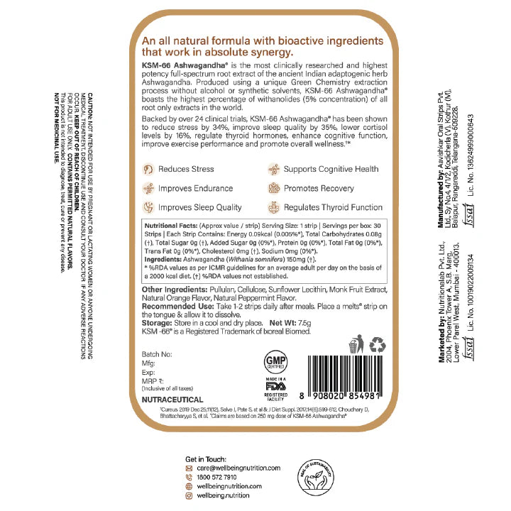 Ashwagandha | Pure Ashwagandha (KSM-66 Ashwagandha 150mg) - Orange Mint - Sugar Free - Wellbeing Nutrition