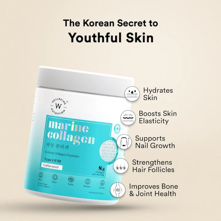 Collagen | Pure Korean Marine Collagen Peptides – Unflavored – Gluten Free, Sugar Free &amp; Keto Friendly – Wellbeing Nutrition - 200gm