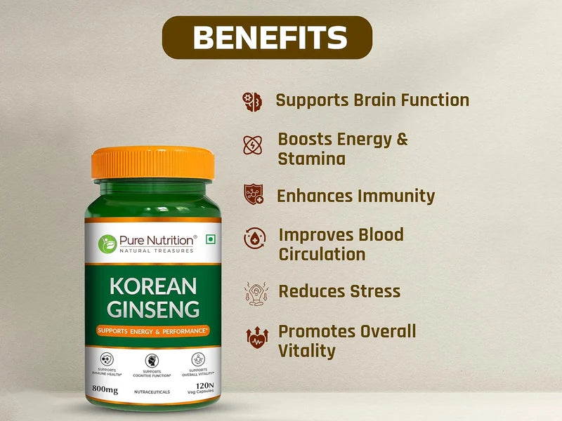 Korean Ginseng (Panax) -Supports Energy & Performance (800mg )-Cognitive Supports, Support Immune - Pure Nutrition - 120 Veg Capsules