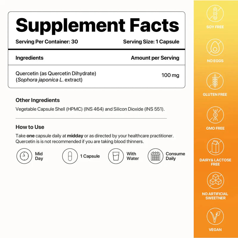 Quercetin Dihydrate | Sophora Japonica L. Extract – Eases Allergies, Boosts Immunity, Reduces Inflammation – Vegan, Gluten Free, Soy Free, Sugar Free, Non GMO & No Artificial Sweeteners – Decode Age – 30 Vegan Capsules