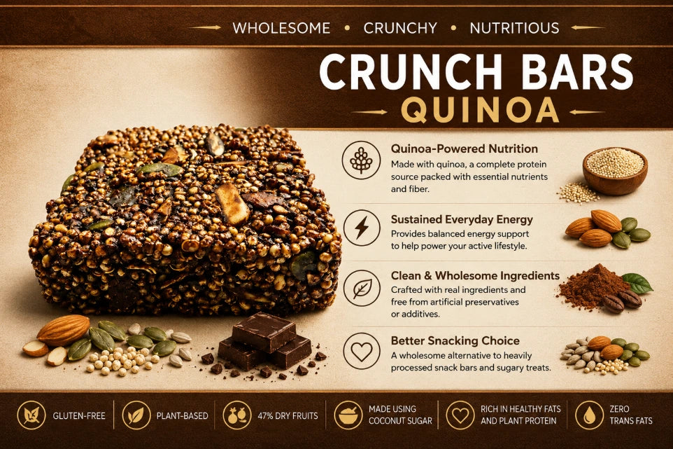 Bar | Quinoa Crunch Bars - 47% Dry fruits by Weight - Gluten free, Vegan- Made with Puffed Quinoa using Coconut Sugar-Zero Trans Fats , No Preservatives -The Nibble Box - 25gm