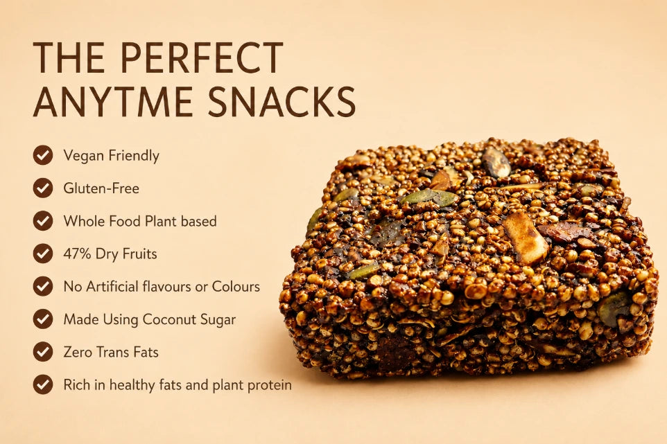 Bar | Quinoa Crunch Bars - 47% Dry fruits by Weight - Gluten free, Vegan- Made with Puffed Quinoa using Coconut Sugar-Zero Trans Fats , No Preservatives -The Nibble Box - 25gm