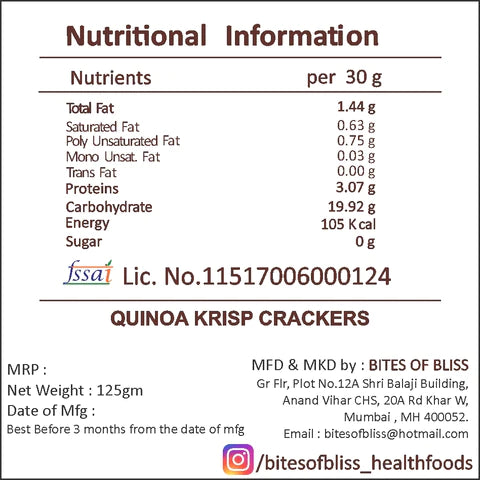 Quinoa Krisps | Oven Baked – Vegan, No Added Preservatives, Iron Rich & Diabetic Friendly – Bites Of Bliss – 125gm