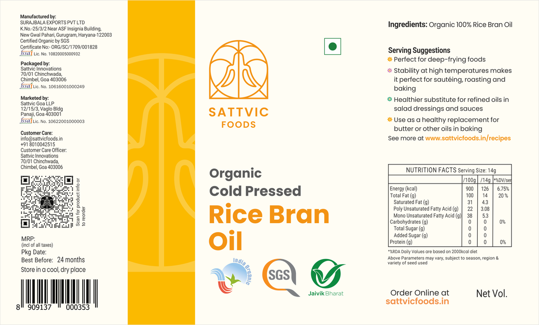 Rice Bran Oil | Organic - Cold Pressed - Sattvic Food - 1000ml