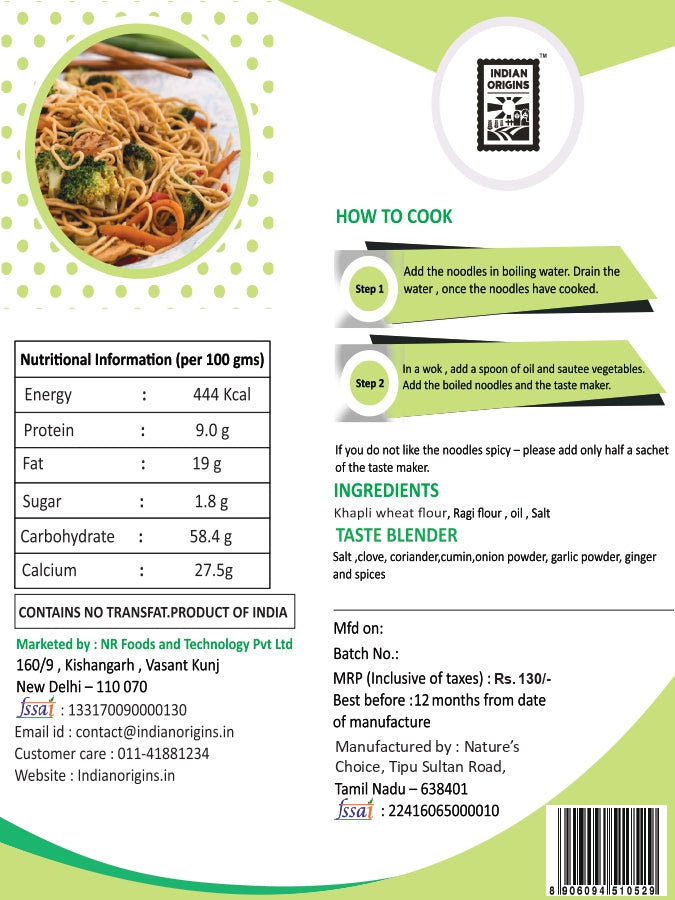 Ragi Noodles (Made With Khapli Wheat) - No Maida, Rich In Fiber, & High In Calcium - Indian Origins - 175gm