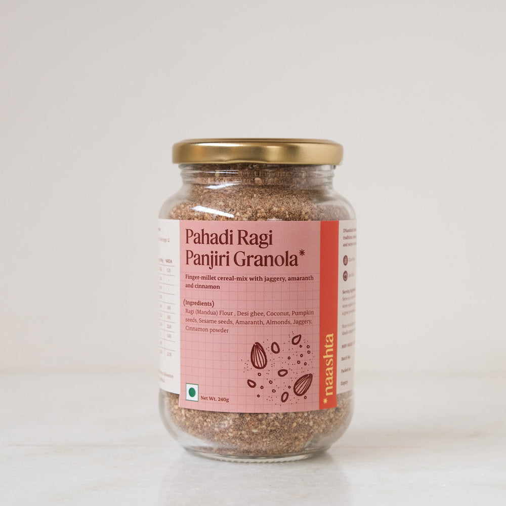 Panjiri | Pahadi Ragi Panjiri Granola (Finger Millet Cereal Mix With Jaggery, Amaranth And Cinnamon) - Made In Desi Ghee – Natural – Gluten Free - Amrit Bhawan - 240gm