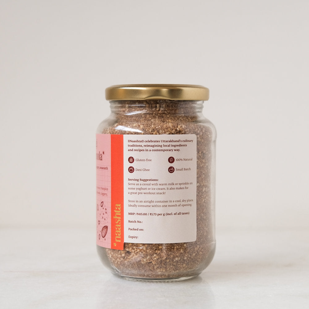 Panjiri | Pahadi Ragi Panjiri Granola (Finger Millet Cereal Mix With Jaggery, Amaranth And Cinnamon) - Made In Desi Ghee – Natural – Gluten Free - Amrit Bhawan - 240gm