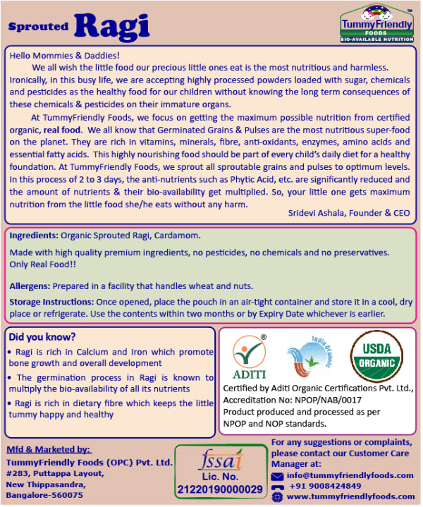 Ragi Porridge Mix | Sprouted - Baby Food - Single Grain - USDA Organic - No Pesticides, Chemical, Salt & No Sugar - Tummy Friendly Foods - 200gm