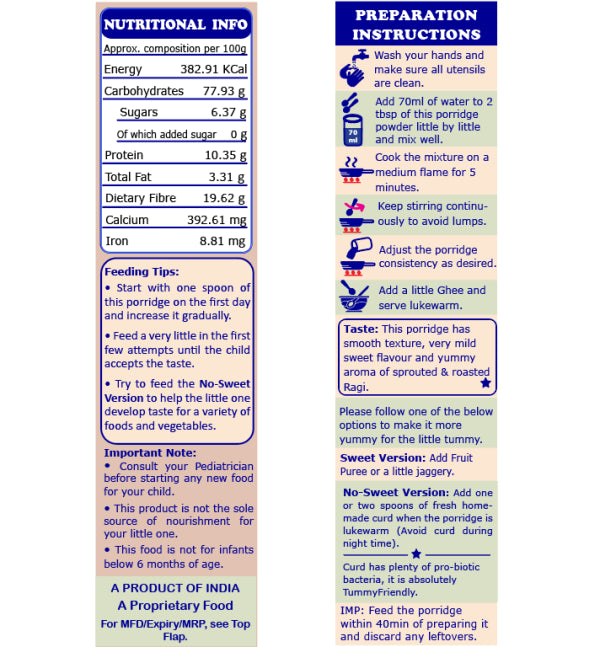 Ragi Porridge Mix | Sprouted - Baby Food - Single Grain - USDA Organic - No Pesticides, Chemical, Salt & No Sugar - Tummy Friendly Foods - 200gm