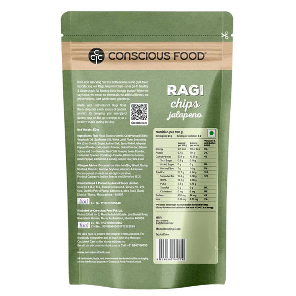 Chips | Ragi Jalapeno Chips - Gluten Free, No Trans Fat & No Added Preservatives - Conscious Food - 50gm