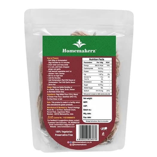Noodles | Ragi Millet Noodles – 14.34 Protein – Non Fried – Gluten Free, No Added Preservative, No Sugar & No Added Colour, MSG Free – Homemakerz – 200gm