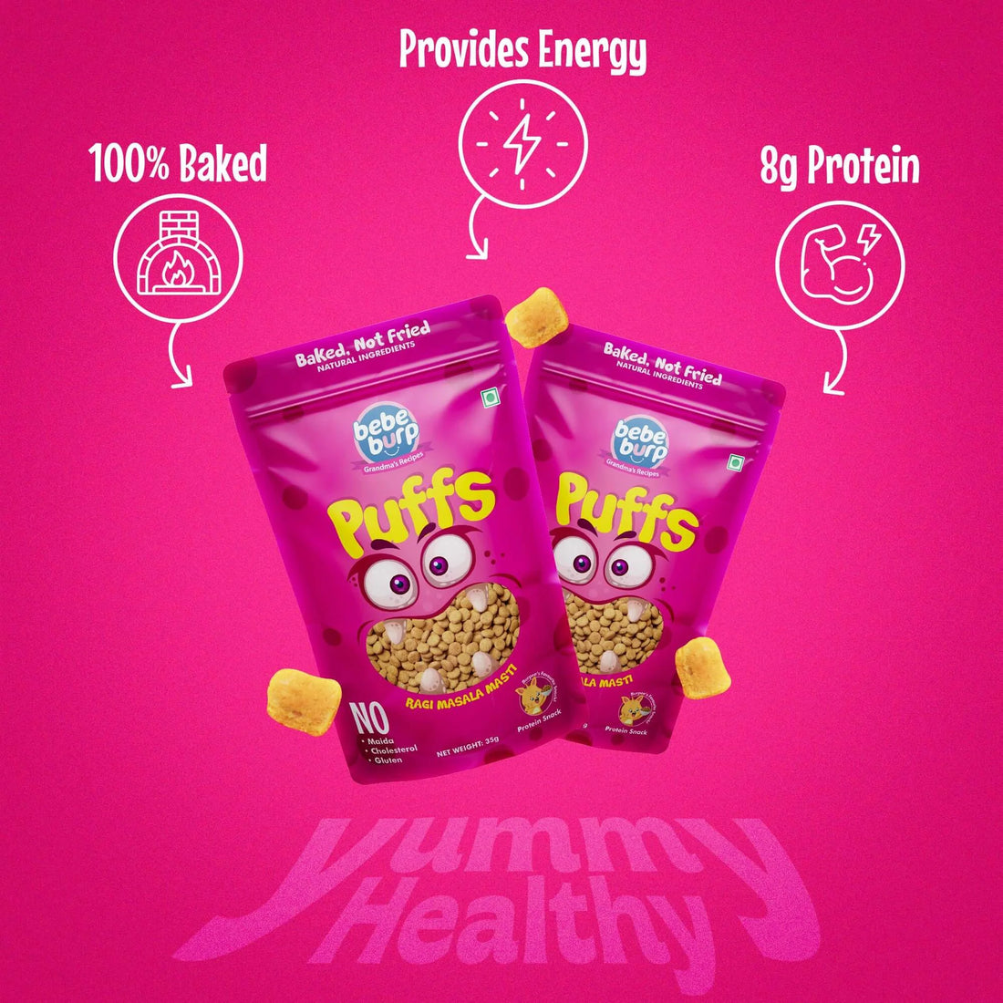 Puffs | Ragi Masala Masti Baby Puffs – Gluten Free, Cholesterol Free, No Added Preservatives & No Trans Fat – Bebe Burp – 35gm