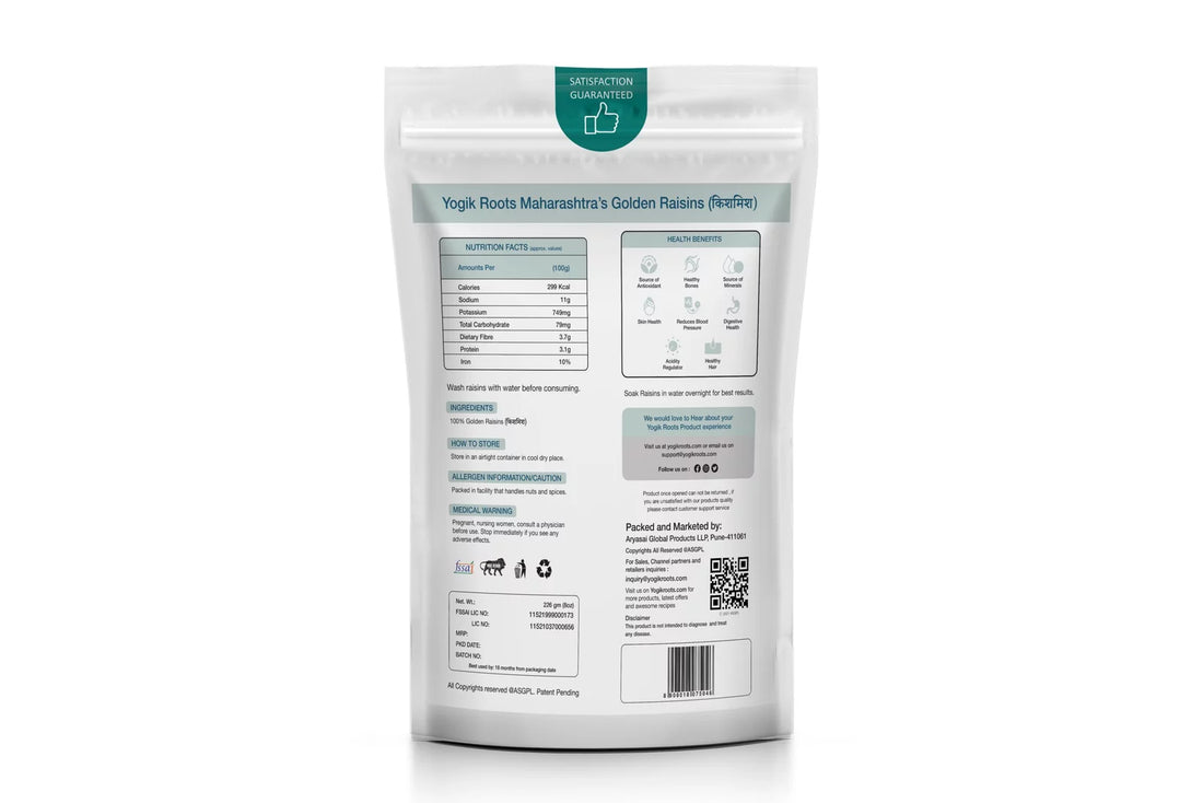 Raisin | Golden (Seedless) - Maharashtra’s - Organically Grown - Gluten Free, No Added Preservatives, Sugar & No Sulphur dioxide - Yogik Roots - 400gm