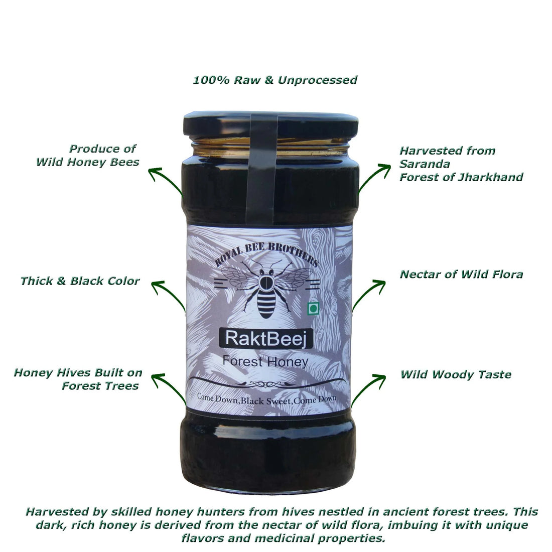 Honey | Raktbeej Forest Honey - No Added Adulteration, Sugar, Corn Syrup & No Added Artificial Additives, Coloring Agents Or Preservatives - ROYAL BEE BROTHERS - 250gm
