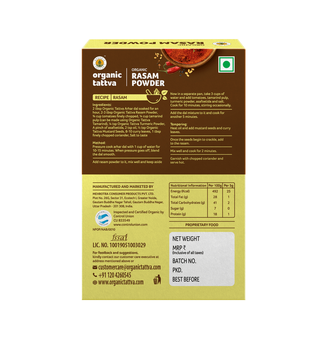 Rasam Powder - USDA Organic - Vegan, Peppery & Aromatic Spice Blend For South India Style Soup - Organic Tattva – 100gm