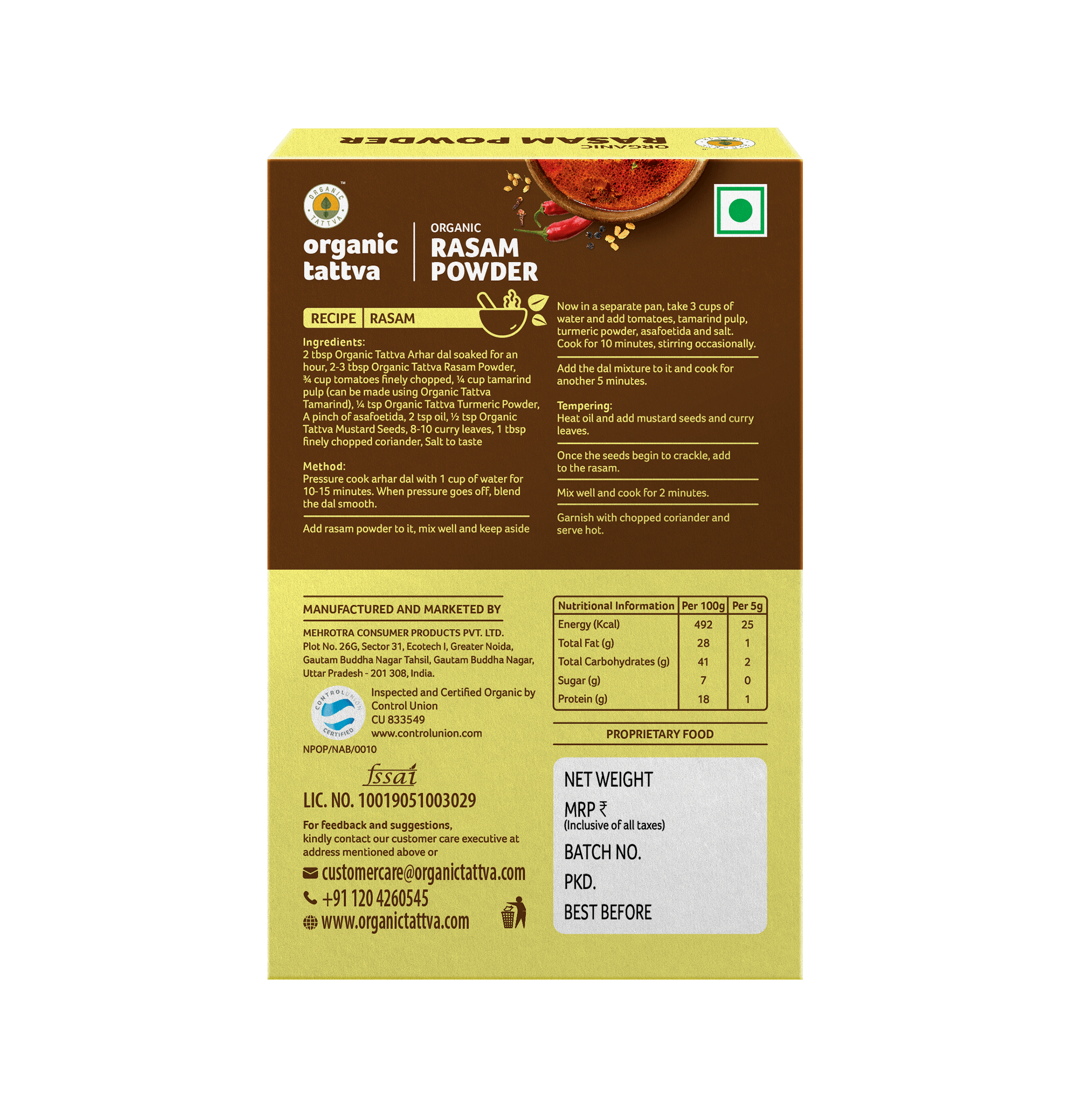 Rasam Powder - USDA Organic - Vegan, Peppery & Aromatic Spice Blend For South India Style Soup - Organic Tattva – 100gm