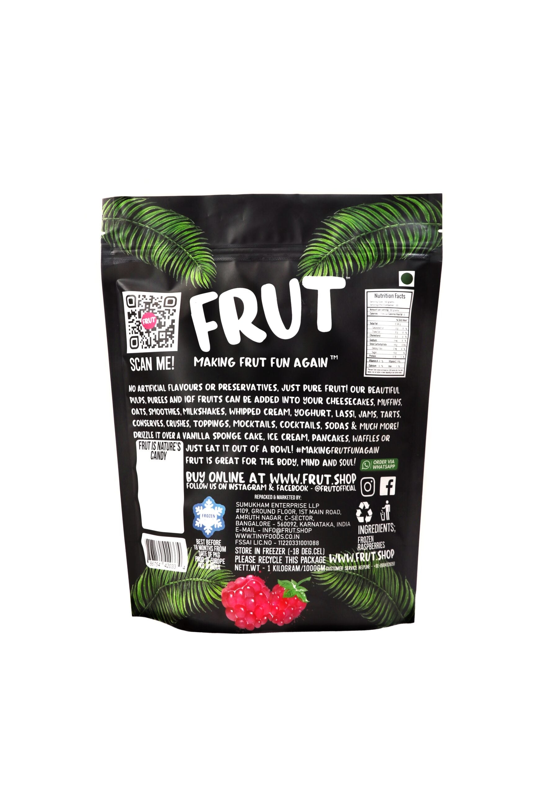 Raspberry | Frozen - Whole - No Added Sugar, Flavours & No Added Preservatives - Frut - 1000gm