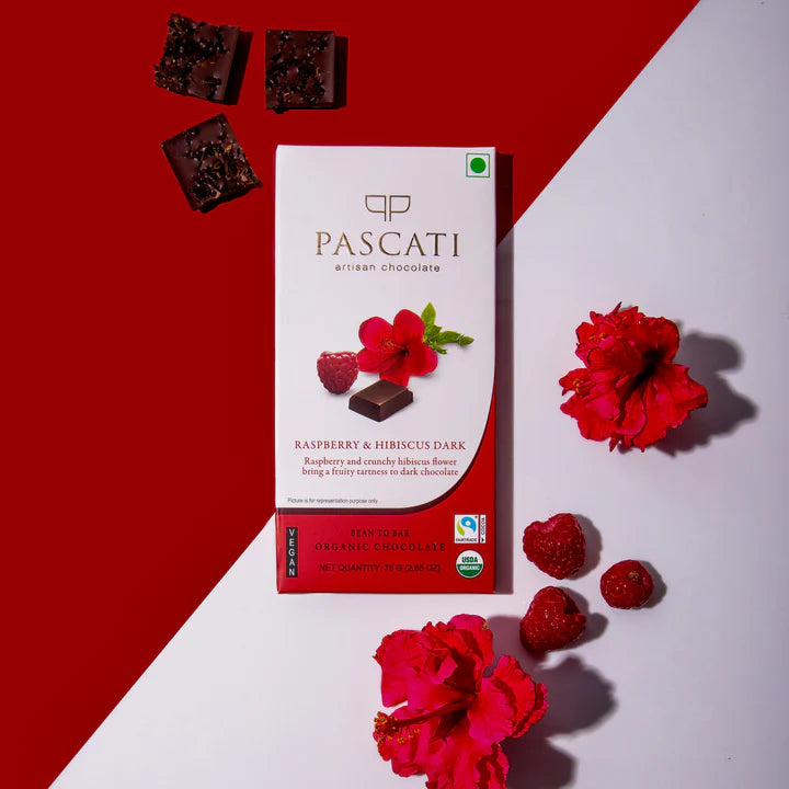 Chocolate Raspberry & Hibiscus Dark - USDA Organic Chocolate - Vegan & Gluten Free - Pascati - 75gm