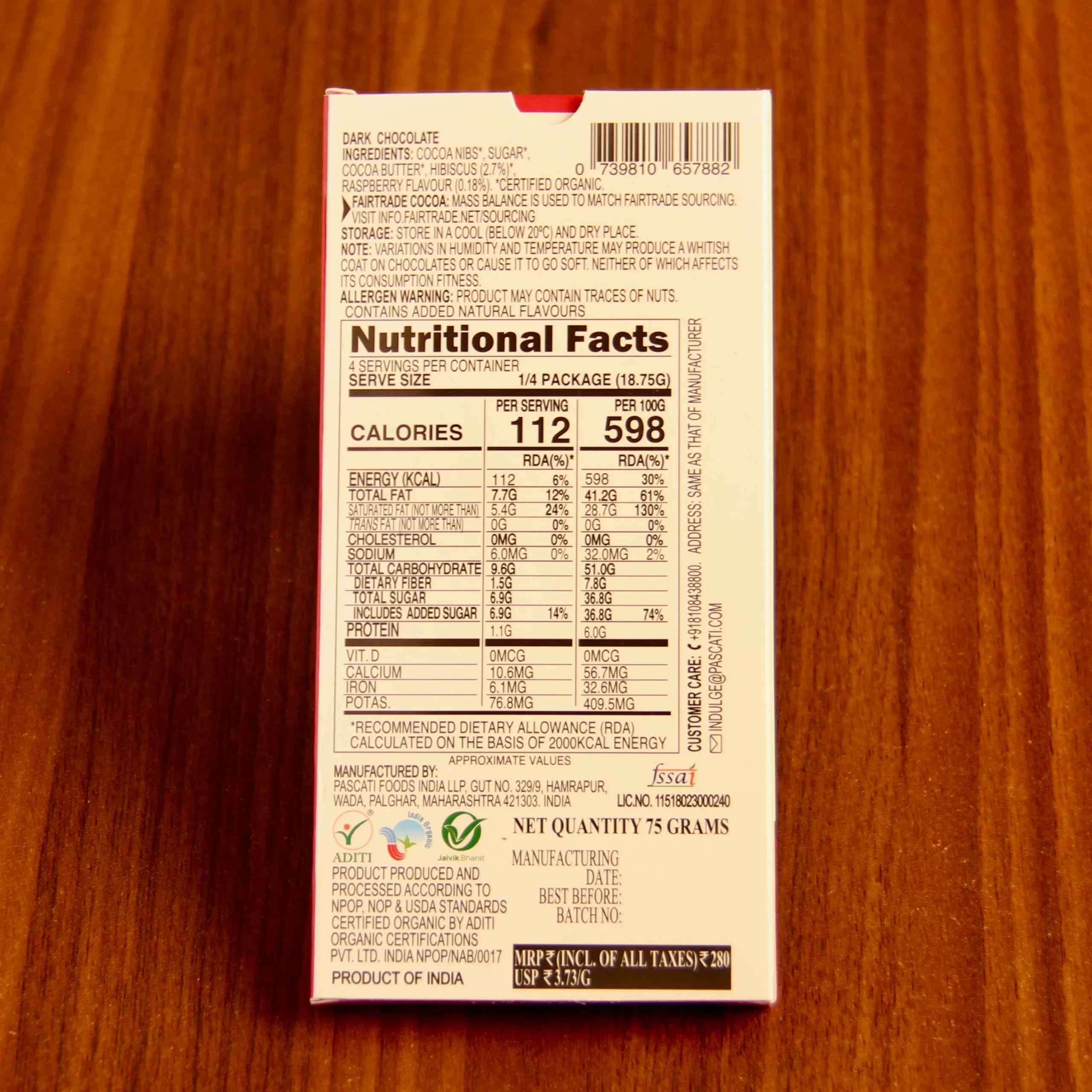 Chocolate Raspberry & Hibiscus Dark - USDA Organic Chocolate - Vegan & Gluten Free - Pascati - 75gm