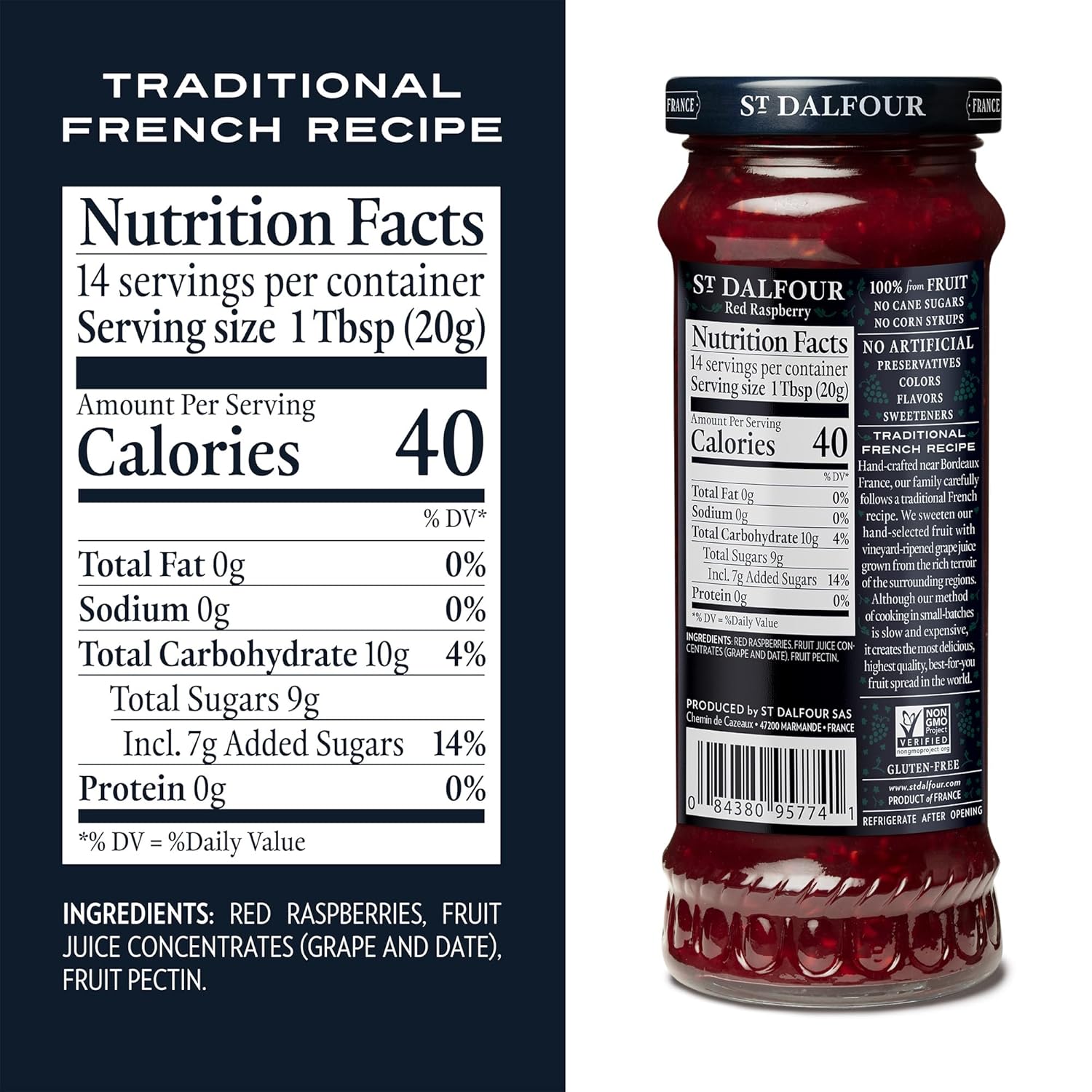 Raspberry Fruit Spread - Sweetened Only With Vineyard Ripened Grape & Fruit Juices – 100% From Fruit - Gluten Free - Dalfour - 284gm