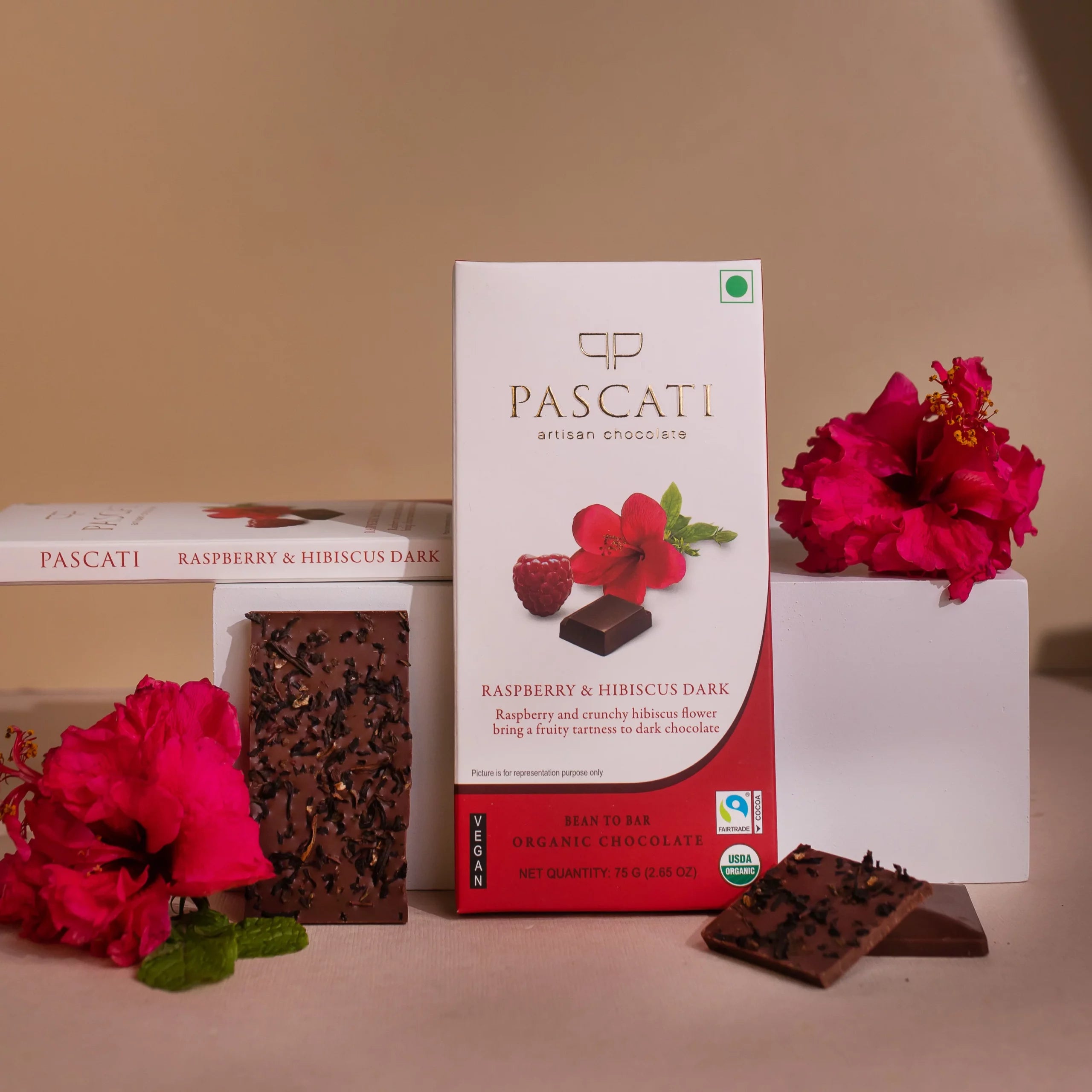 Chocolate Raspberry & Hibiscus Dark - USDA Organic Chocolate - Vegan & Gluten Free - Pascati - 75gm