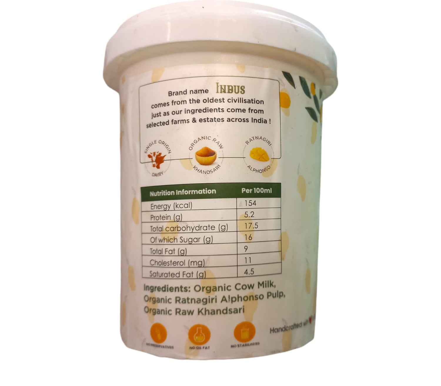 Ice Cream | Ratnagiri Mango – Hand Crafted Ice Cream – 100% Natural – No Added Preservatives, No Oil Fat & No Stabilisers – INDUS CREAMERY – 500ml