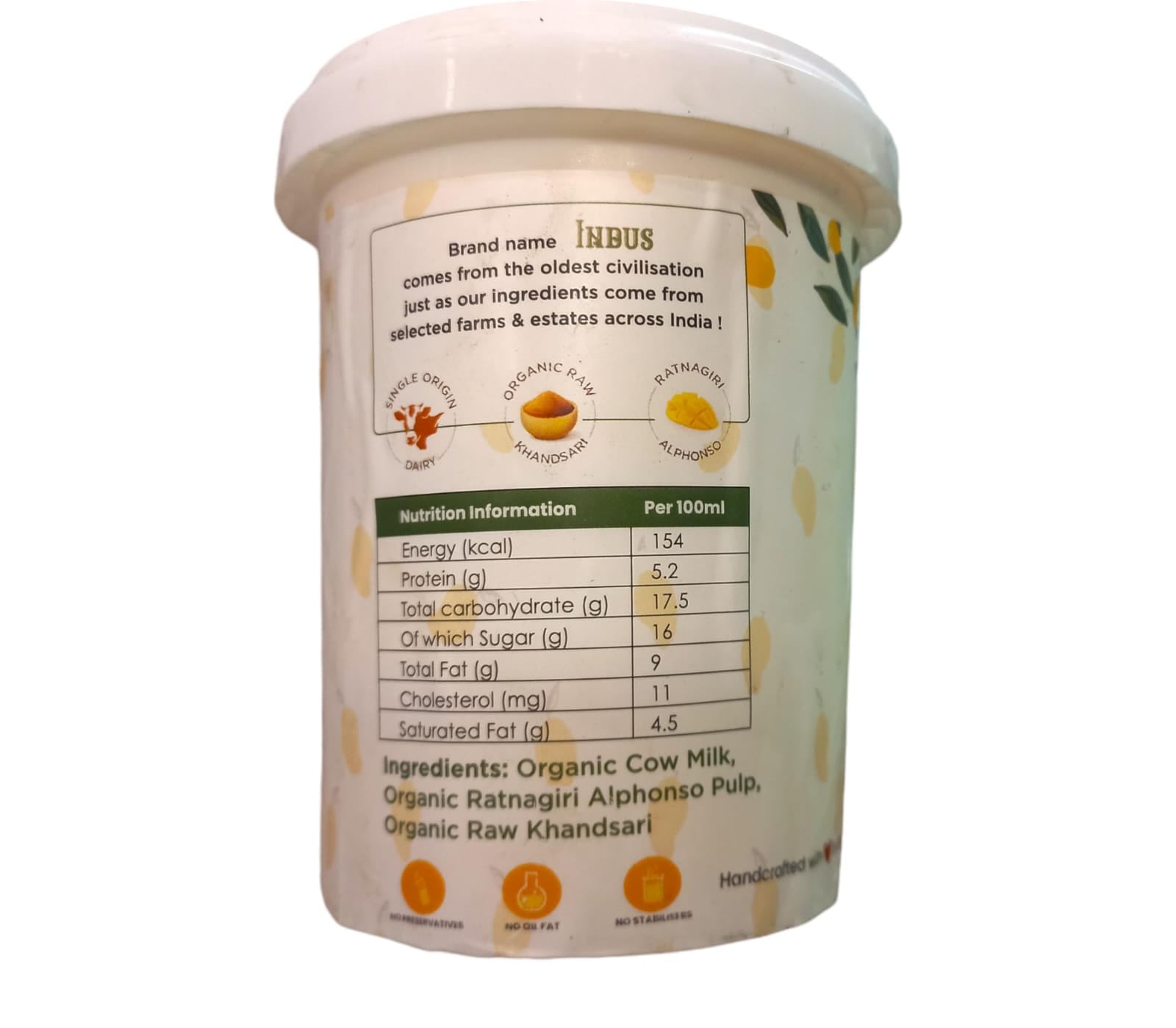 Ice Cream | Ratnagiri Mango – Hand Crafted Ice Cream – 100% Natural – No Added Preservatives, No Oil Fat & No Stabilisers – INDUS CREAMERY – 500ml