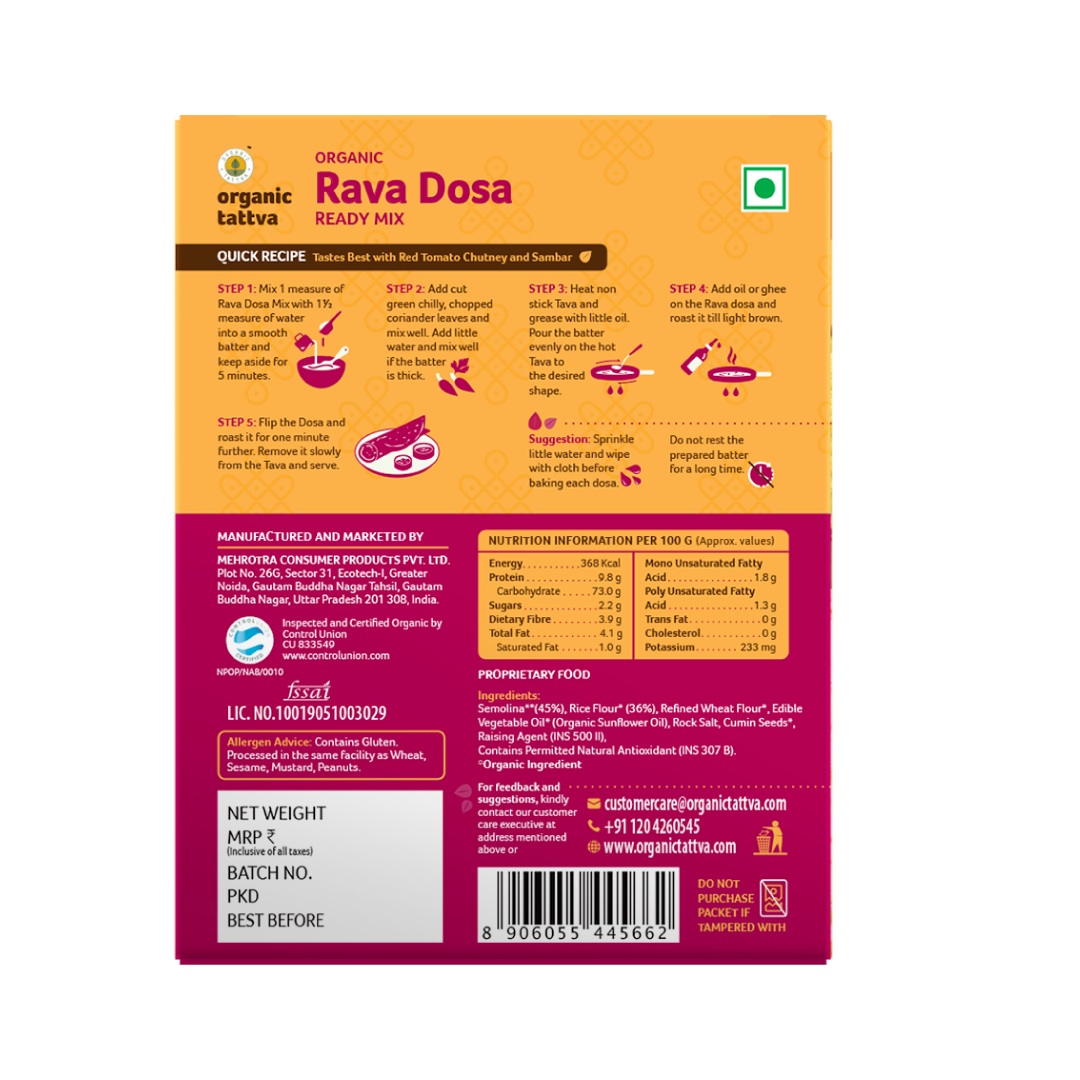 Rava Dosa - Ready Mix - USDA Organic - Delectable South Indian Signature Breakfast Made From Semolina & Spices - Organic Tattva - 200gm