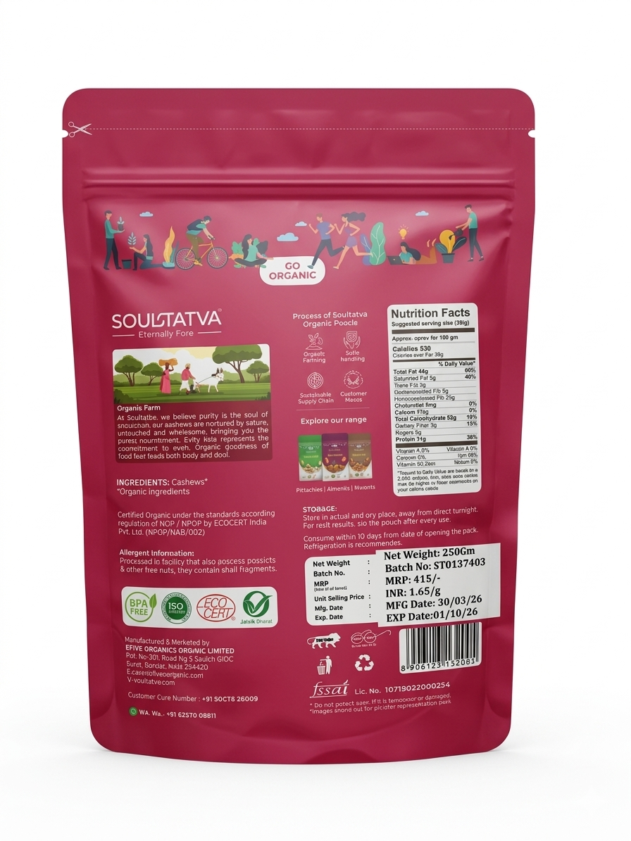 Cashews | Raw Cashews - USDA Organic - Plant Based, Super Food, Nutrient Dense - Soultatva – 250gm
