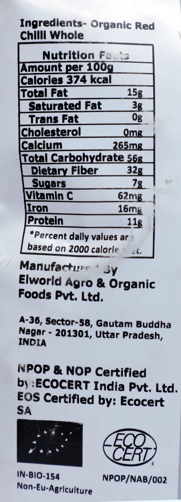 Red Chilli Whole - Elworld Organic - 100gms