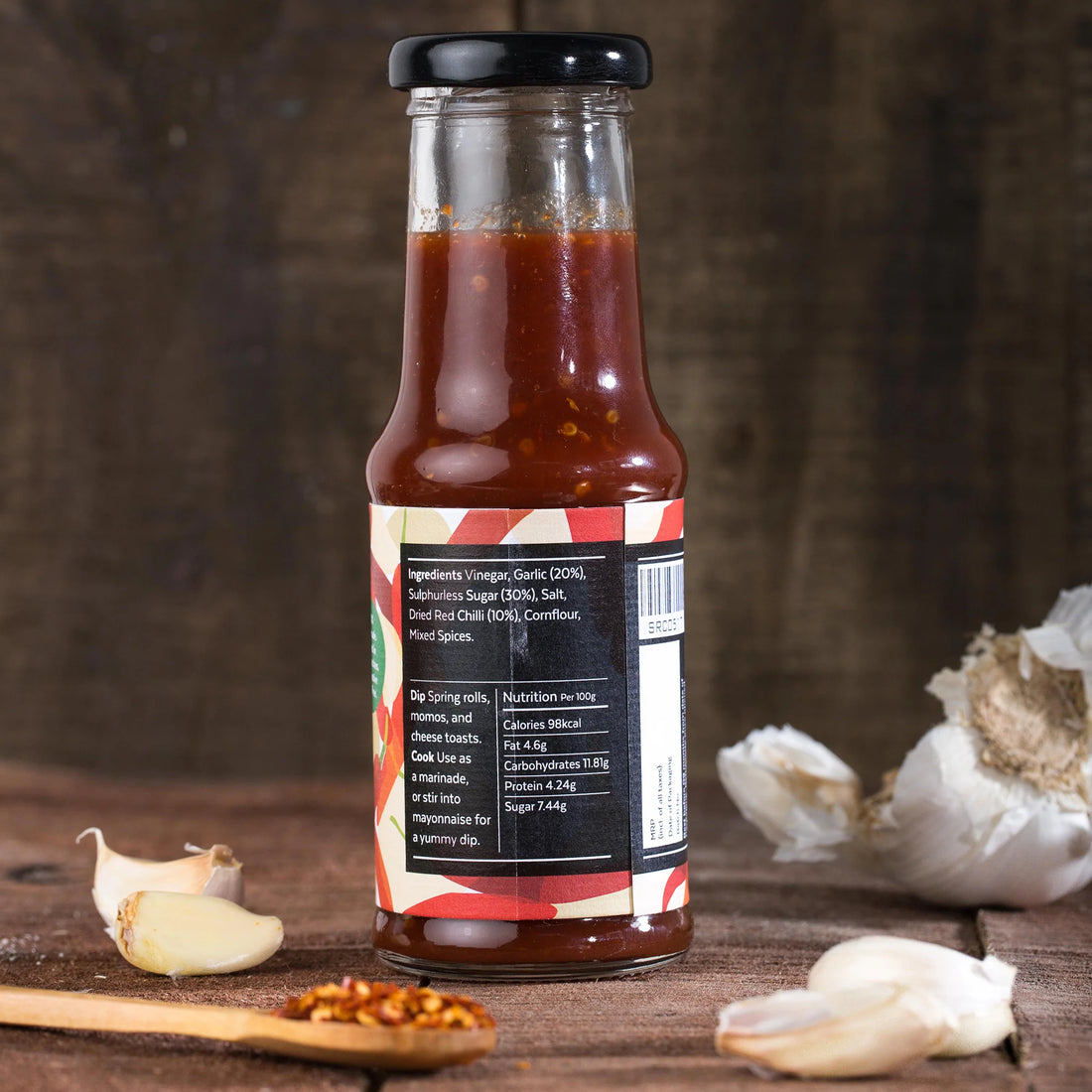 Chilli Sauce | Red Hot Chilli Sauce (Red Chillies Blended With Fresh Garlic Sweet And Piquant) - Handmade - No Added Preservatives & Oil Free - Aamra - 220gm
