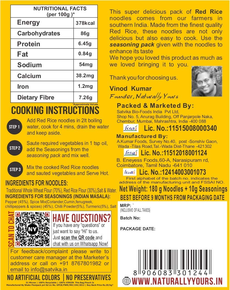 Red Rice Noodles - Vegan, High Protein, High Fiber, No Maida, No Junk, No Onion & No Garlic - Naturally Yours - 180gm