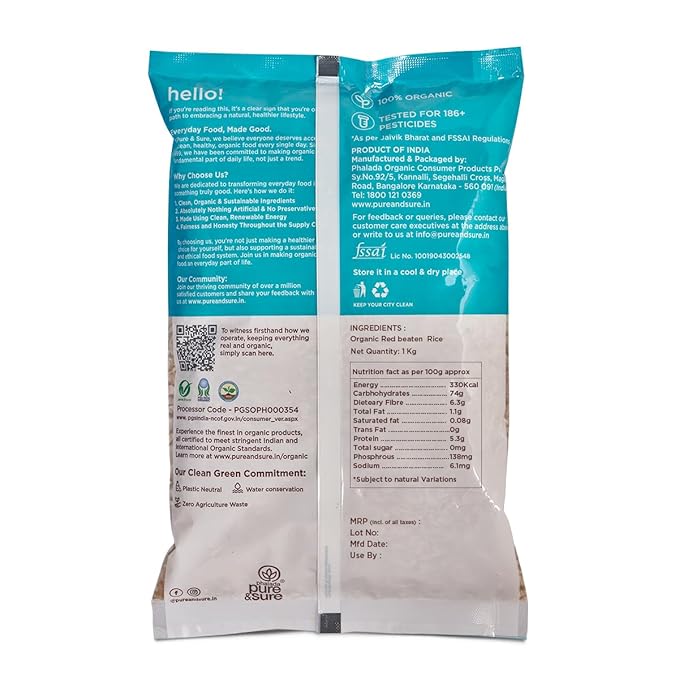 Red Beaten Rice Poha - Organic - Indian - Pure and Sure - 500gm