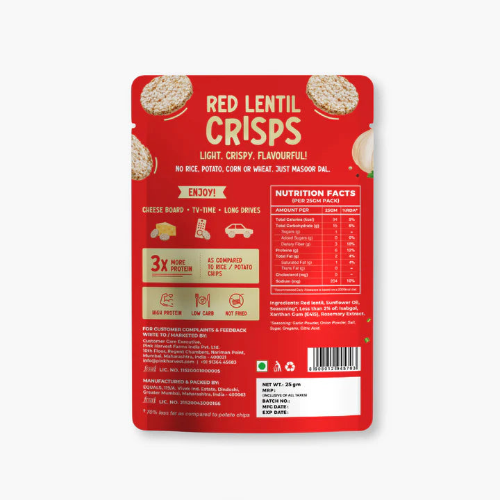 Red Lentil Crisps | (Garlic & Herb) - Vegan, Gluten Free & High In Protein - Pink Harvest - 25gm