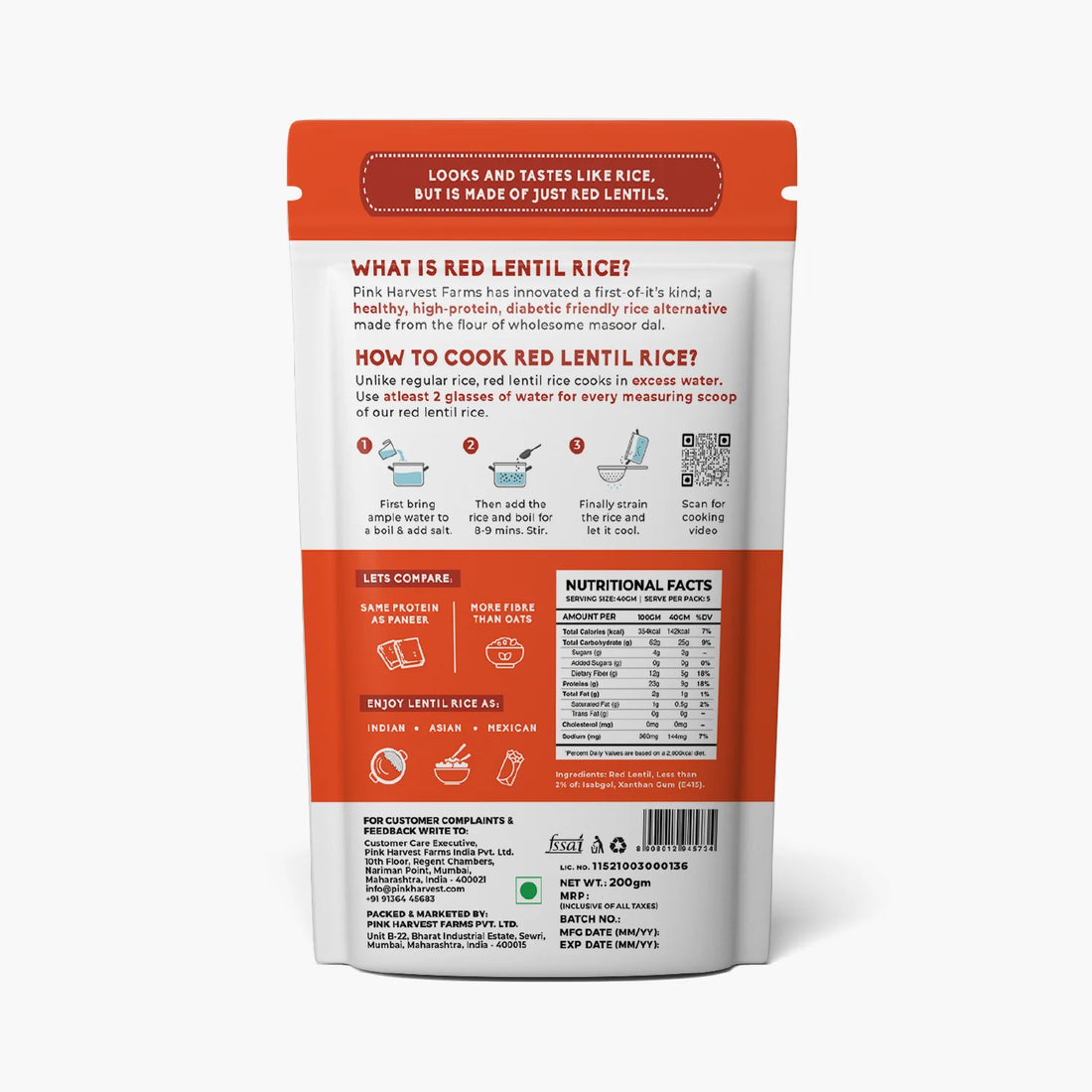 Rice | Red Lentil Rice Alternative (Made With Masoor Dal) - 9g Protein Per Serve - Diabetic Friendly & High In Protein - Pink Harvest - 200gm