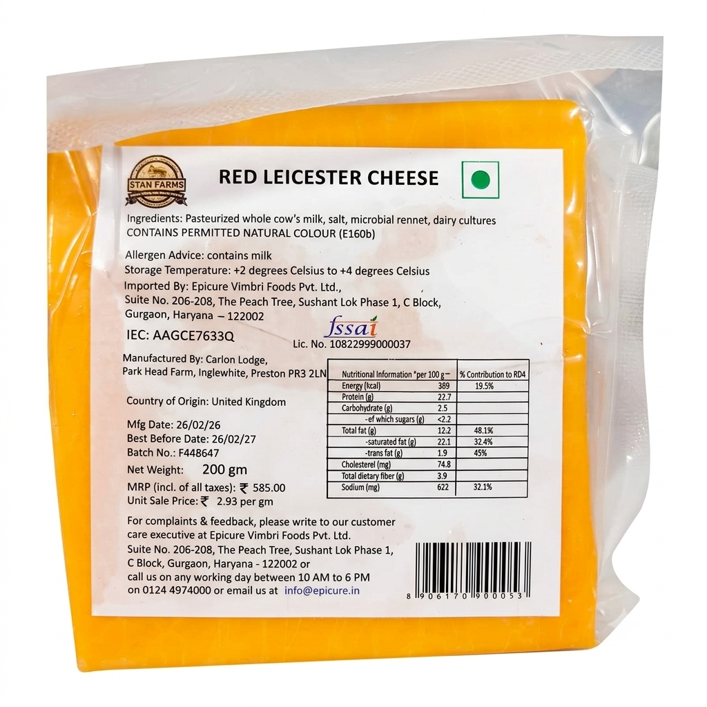 Red Leicester Cheese (Mature Coloured Cheddar Cheese) -Pasteurized - Natural Farming Traditions - Stan Farms - 200gm