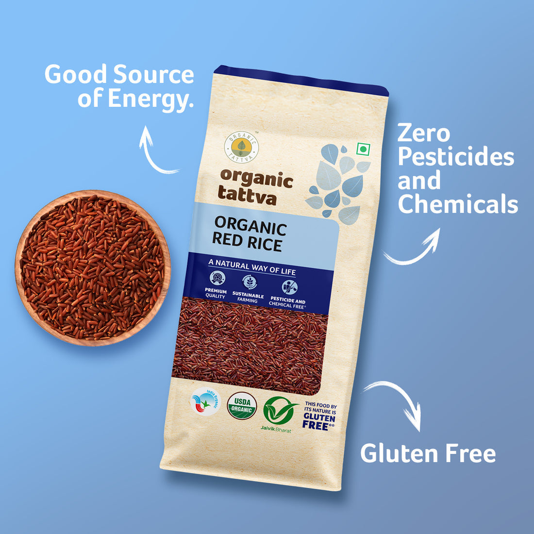 Rice | Organic Red Rice – USDA Organic-Gluten Free, Pesticide & Chemical Free – Organic Tattva – 1000gm