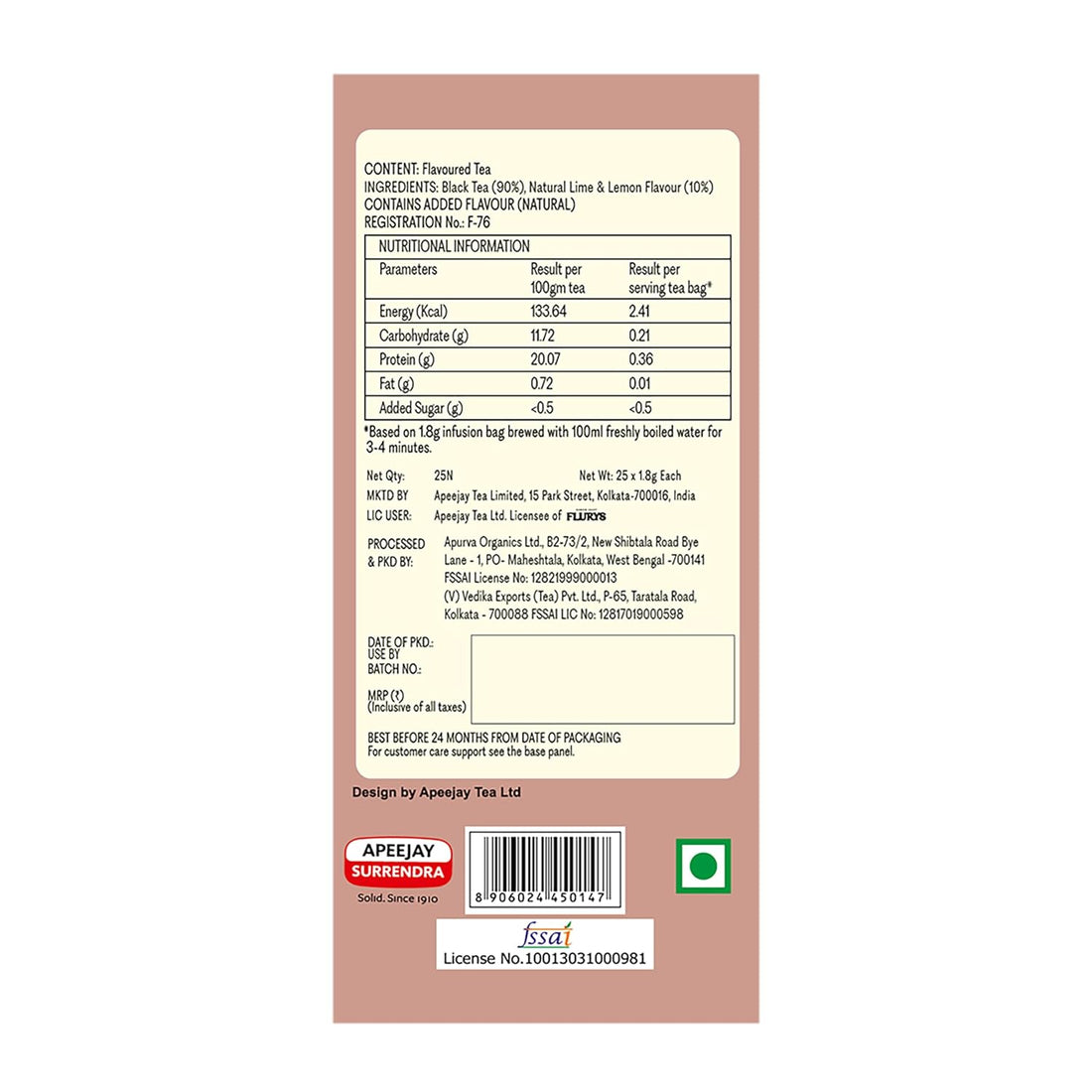 Tea | Refreshing Lime & Lemon Tea - Flurys - 25 Tea Bag