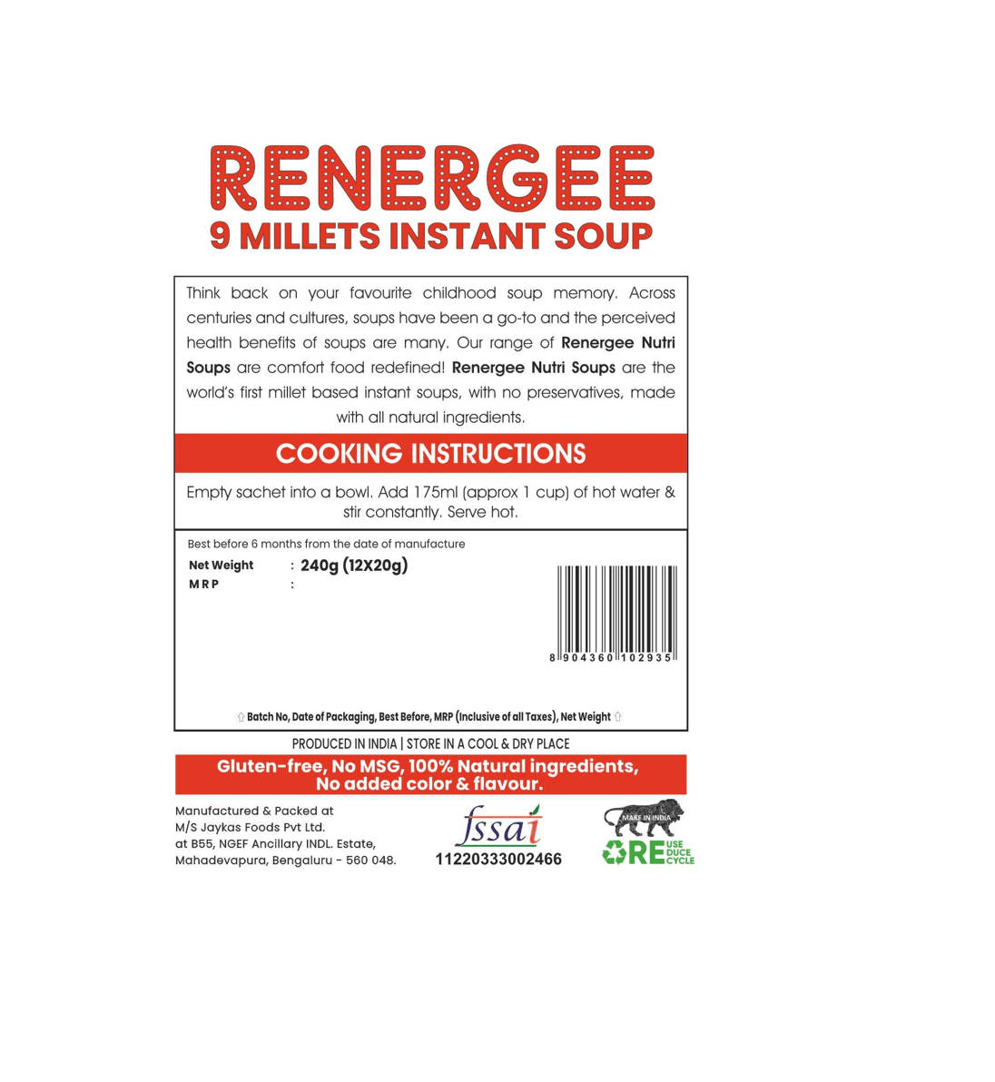 Millet Soup | Renegee Instant (Tomato) – 9 Millets – Gluten Free, Soy Free & No Harmful Preservatives – Grami Superfoods – (12 Pack) – 240gm