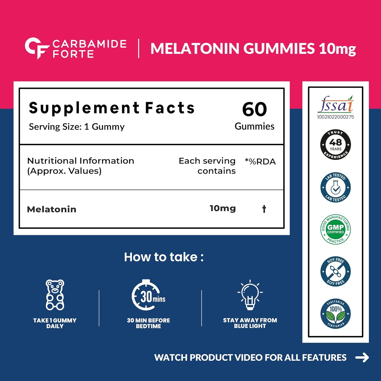 Gummies | Melatonin 10mg Gummies - Raspberry Flavour - Sleep Supports & Restful Sleep - For Men And Women - No Added Sugar - Carbamide Forte - 60 Gummies