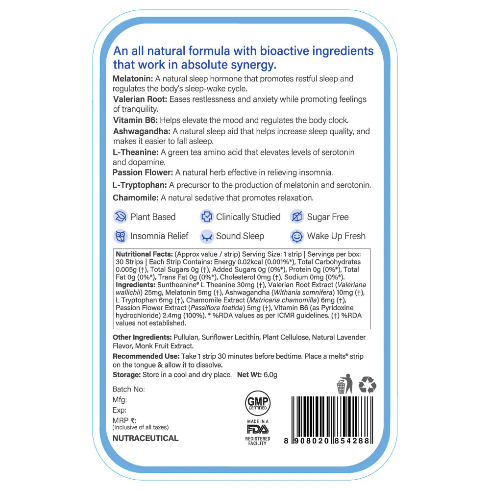 Restful Sleep – Melatonin 5mg - Sugar Free & Drug Free - Wellbeing Nutrition – 30 Strips